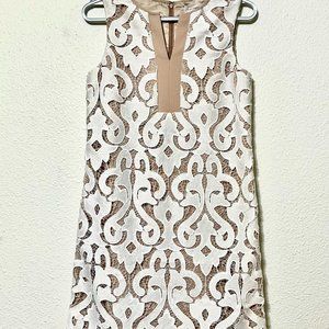 Katherine Kelly Sleeveless Shift Dress with Off-White Embroidered Lace Over Tan